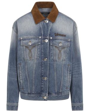 Versace Jassen ,Blauw ,Denim Denim Stone Wash Blouson