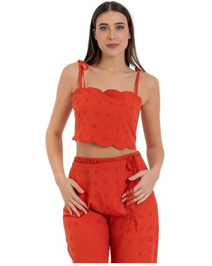 Kocca Tops ,Rood ,Katoen Cotton Crop Top Met Broderie Anglaise En Strikbandjes