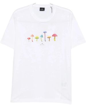 Paul Smith Tops ,Wit ,Katoen T-Shirt Met Paddenstoelenprint