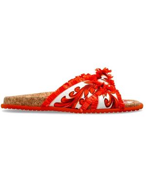 Dolce & Gabbana Schoenen ,Oranje ,Satijn Maiolica Patroon Slippers - Rood