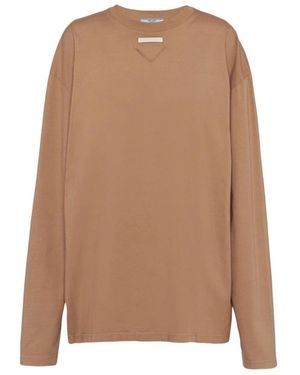 Prada Tops ,Bruin ,Katoen Katoenen Patch T-Shirt Vrouwen Italië