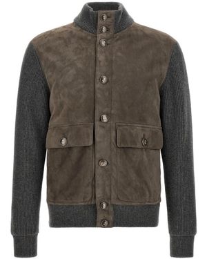Brunello Cucinelli Jassen ,Grijs ,Suède Jas Met Suède Panelen En Ribgebreide Details - Groen