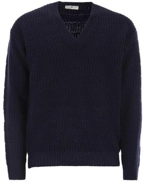 PT Torino Truien & Vesten ,Blauw ,Wol V-Neck Gebreide Trui Met Textuur