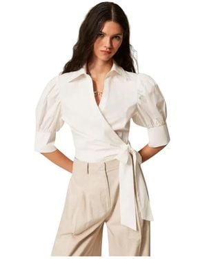 Twinset Overhemden ,Wit ,Wikkelblouse Van Popeline - Naturel