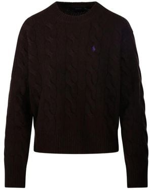 Ralph Lauren Truien & Vesten ,Bruin ,Wol Trui Met Logo-Borduurwerk En Kabels - Zwart