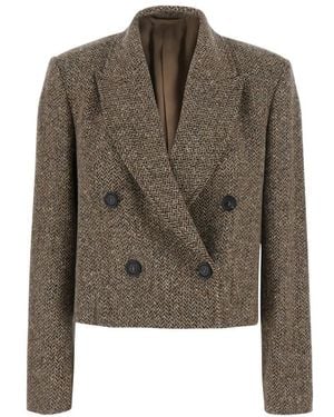 Brunello Cucinelli Jassen ,Bruin ,Wol Cropped Double-Breasted Jacket - Groen