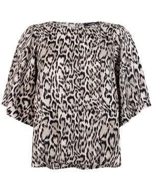 Jansen Amsterdam Bluse Mit Animal-Print Und Kurzen Ärmeln - Schwarz