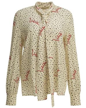Valentino Overhemden ,Veelkleurig ,Blouse Met Polkadot Logo En Strikdetail - Naturel
