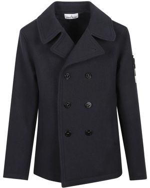 Stone Island Jassen ,Blauw ,Wol Double-Breasted Heavy Melton Jas
