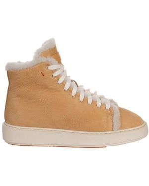 Santoni High-Top Trainers With Shearling Accents And Side Zipper - Natural