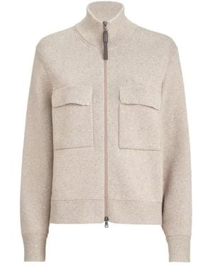 Brunello Cucinelli Truien & Vesten ,Grijs ,Katoen Sequined Zip-Up Knit Jacket - Naturel