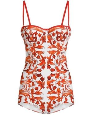Dolce & Gabbana Badeanzug Mit Balkonett-Ausschnitt Und Majolika-Print - Rot