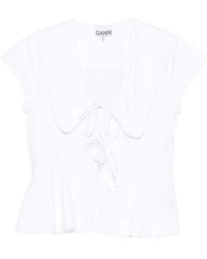 Ganni Katoenen Poplin Peplum Strik Blouse - Wit