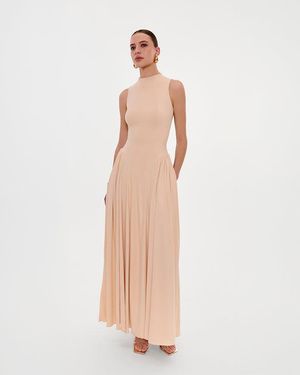 Milla Nude Sleeveless Mock Neck Dress With A Pleated Max - White