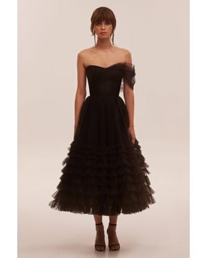 Milla Cute One-Shoulder Frill-Layered Midi Dress - Black