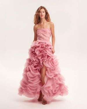 Milla Voluminous Rose Appliques Maxi Dress, Garden Of Eden - Pink