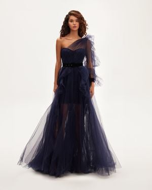 Milla Royal Tulle Gown With Detachable Sleeve - Blue