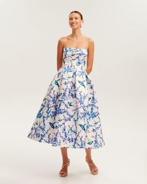 Milla Strapless Midi Dress With Bird And Flower Print, G - White