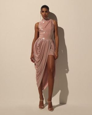 Milla Dress With Halter Neck And Wet Effect - Natural