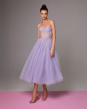 Milla Strapless Puffy Midi Tulle Dress - Purple