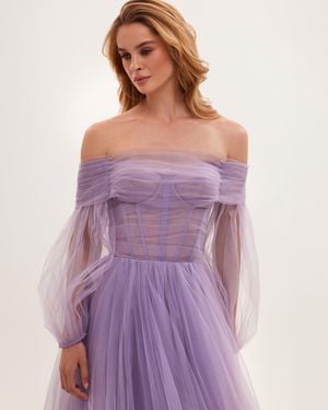 Milla Sheer Sleeves Maxi Tulle Dress - Purple