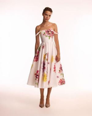 Milla Tea-Length Ivory Floral Dress, Glow-Up - White