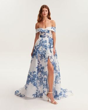 Milla Catchy Off-The-Shoulder Hydrangea Maxi Dress - Blue