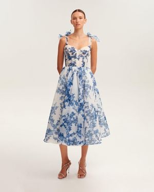 Milla Charming Hydrangea-Patterned Organza Midi Dre - Blue
