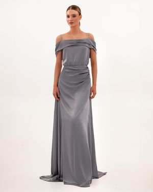 Milla Elegant Off-The-Shoulder Silk Maxi Dress - Gray