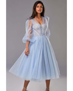 Milla Light Tie Shoulder Midi Tulle Dress - Blue