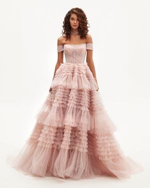 Milla Off-The-Shoulder Frill-Layered Gown - Pink