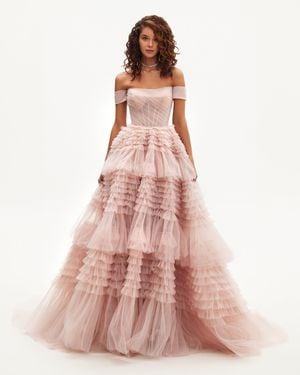 Milla Off-The-Shoulder Frill-Layered Gown - Pink