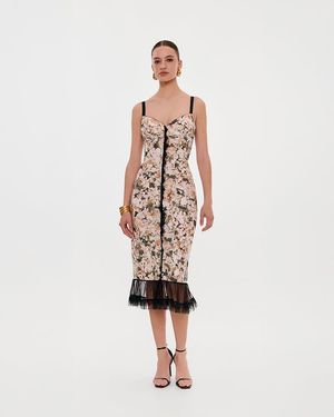Milla Floral Midi Dress With Puffy Tulle Hem - White
