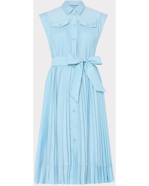MILLY Johanna Pleated Twill Midi Dress - Blue