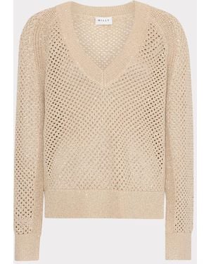 MILLY Sequin Mesh V-neck Sweater - Natural