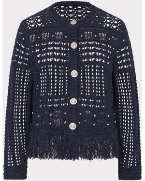 MILLY Beaded Fringe Crewneck Cardigan Jacket - Blue
