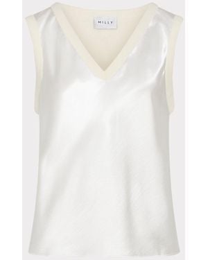 MILLY Satin Knit Combination V-neck Shell Top - White