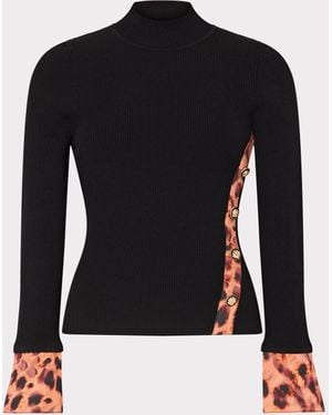 MILLY Printed Satin Cuff Knit Mock Neck Top - Black