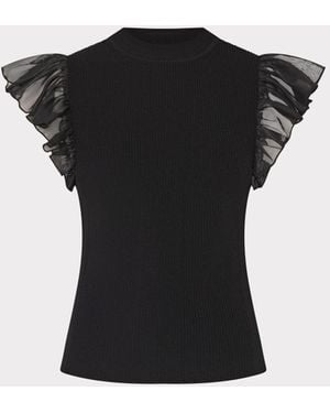 MILLY Chiffon Flutter Sleeve Knit Top - Black