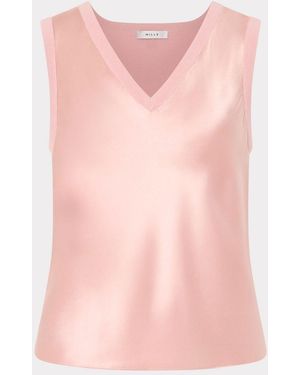 MILLY Satin Knit Combination V-neck Shell Top - Pink