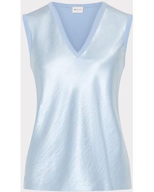 MILLY Satin Knit Combination V-neck Top - Blue