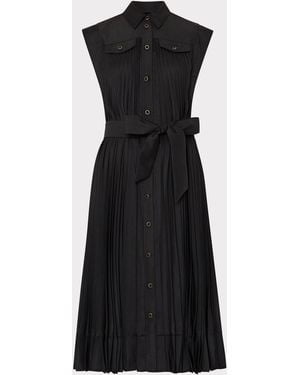 MILLY Johanna Pleated Twill Midi Dress - Black