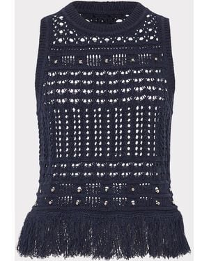 MILLY Beaded Fringe Shell Top - Blue