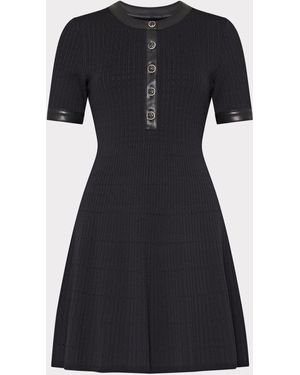 MILLY Leather Detail Flare Knit Mini Dress - Black