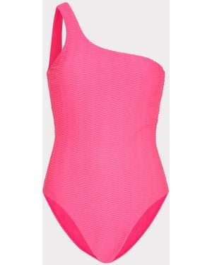 MILLY Joni Textured Chevron One Shoulder One Piece - Pink