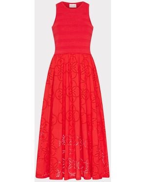 MILLY Geo Eyelet Knit Combo Midi Dress - Red