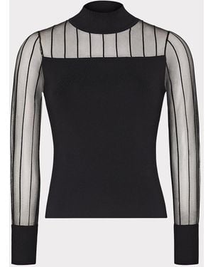 MILLY Krissy Sheer Knit Mockneck Top - Black