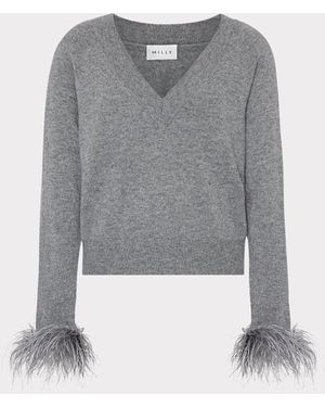 MILLY Feather Cuff V-neck Sweater - Gray