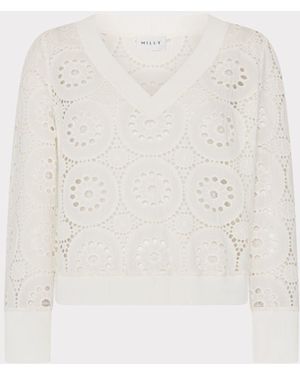 MILLY V-neck Embroidery Knit Detail Top - White