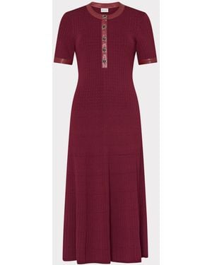 MILLY Leather Detail Knit Midi Dress - Red